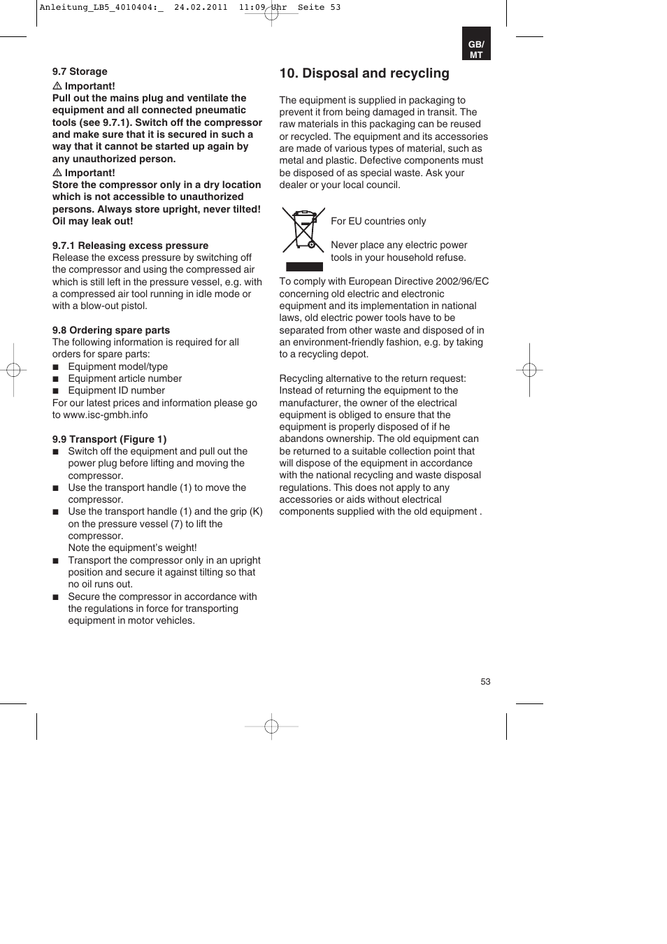 Disposal and recycling | Parkside PKO 270 B2 User Manual | Page 53 / 72