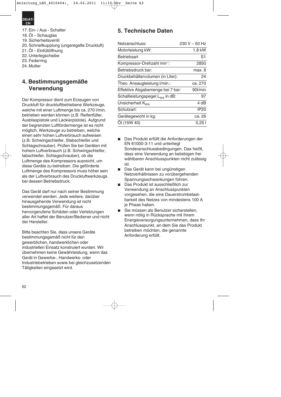 Bestimmungsgemäße verwendung, Technische daten | Parkside PKO 270 B2 User Manual | Page 62 / 72