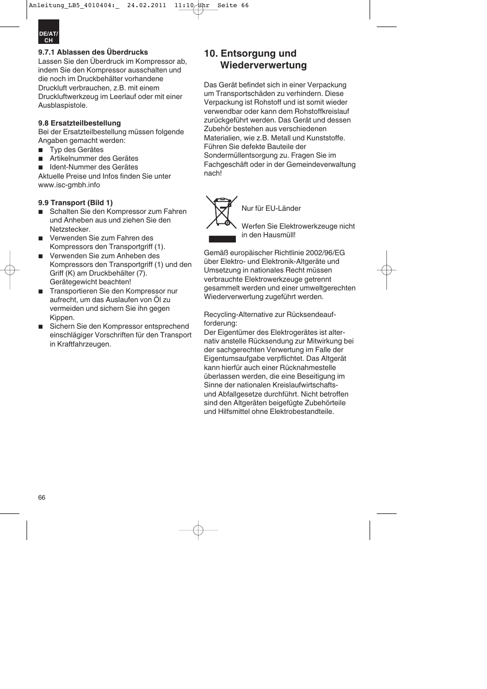 Entsorgung und wiederverwertung | Parkside PKO 270 B2 User Manual | Page 66 / 72