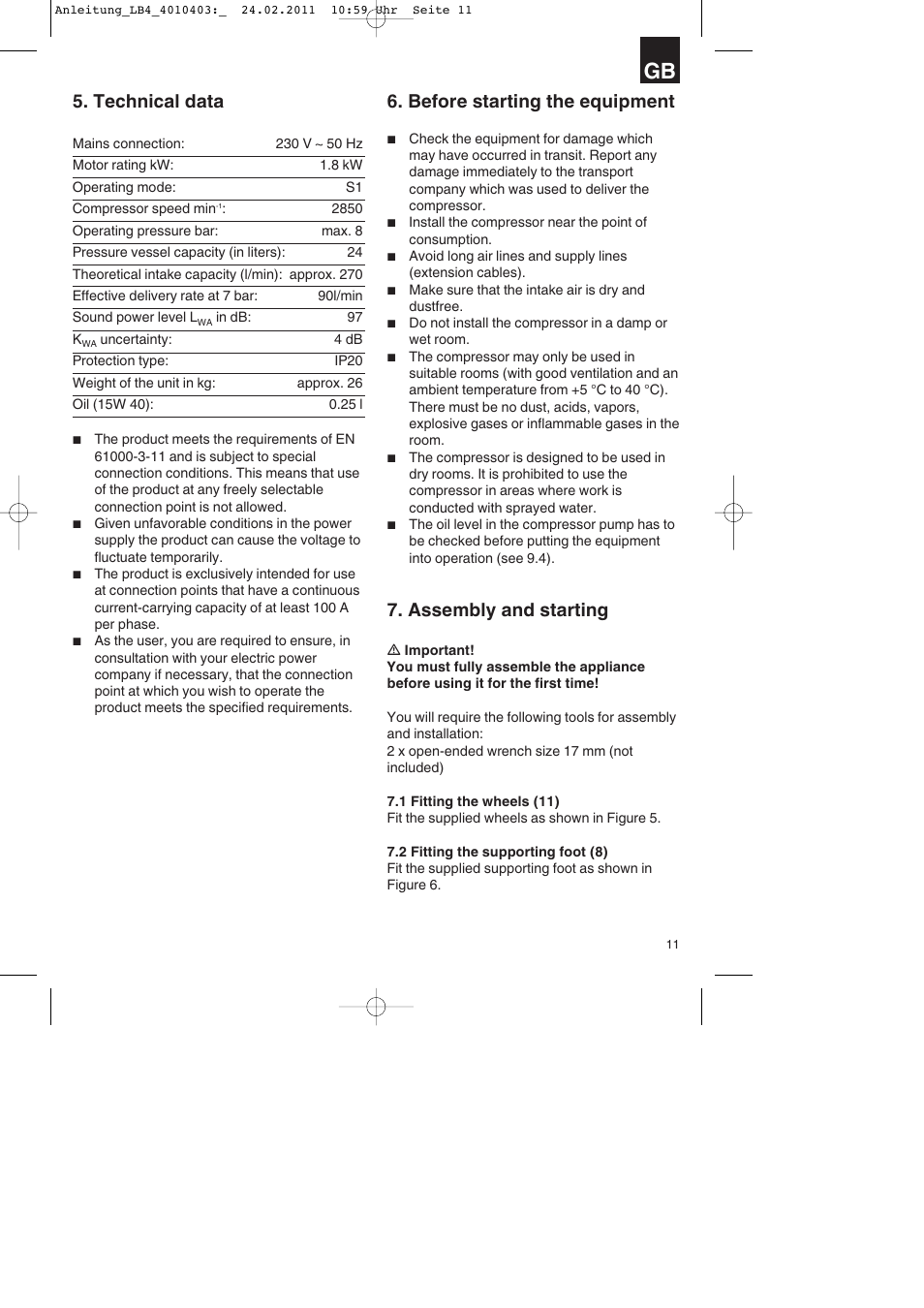 Technical data, Before starting the equipment, Assembly and starting | Parkside PKO 270 B2 User Manual | Page 11 / 96