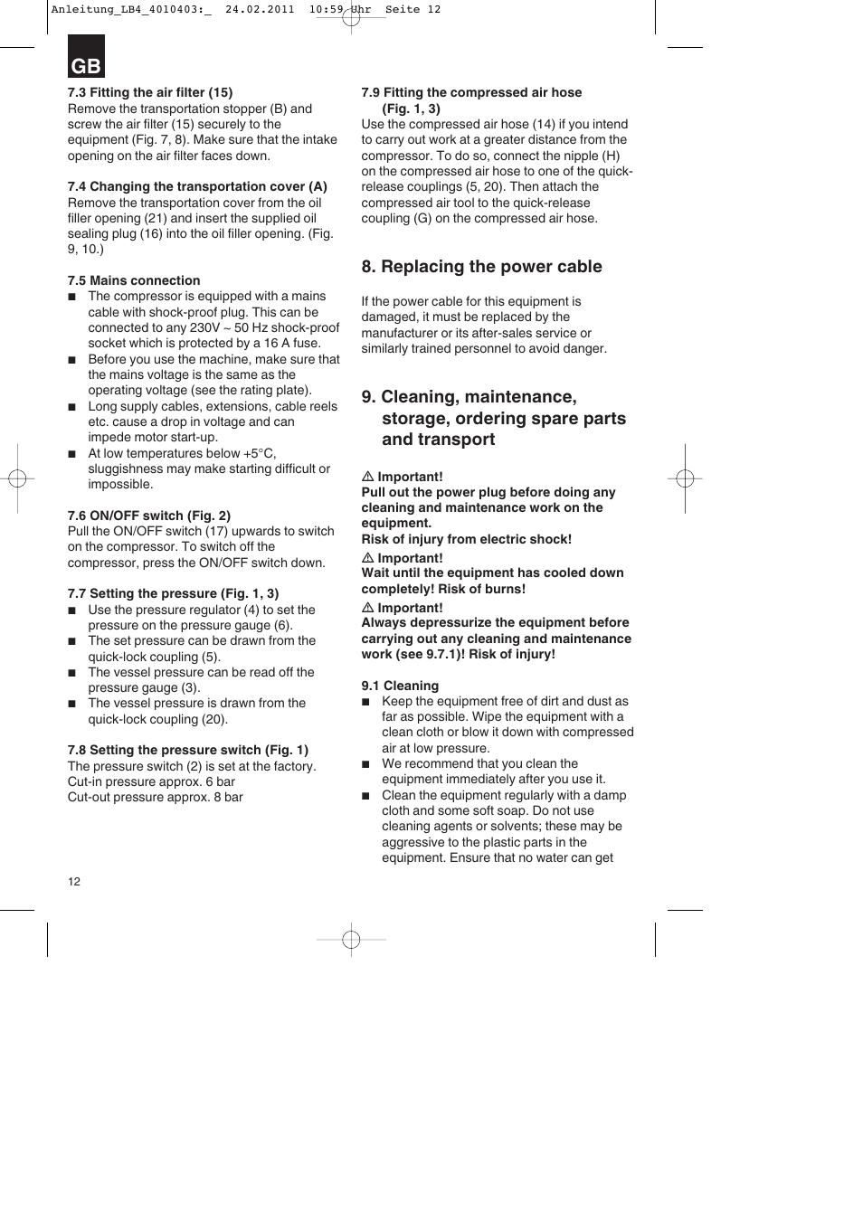 Replacing the power cable | Parkside PKO 270 B2 User Manual | Page 12 / 96