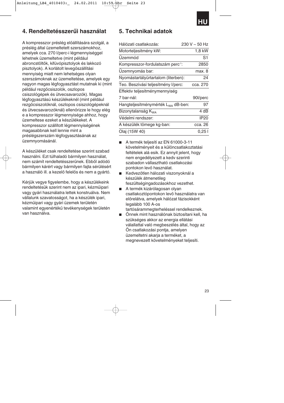 Rendeltetésszerűi használat, Technikai adatok | Parkside PKO 270 B2 User Manual | Page 23 / 96