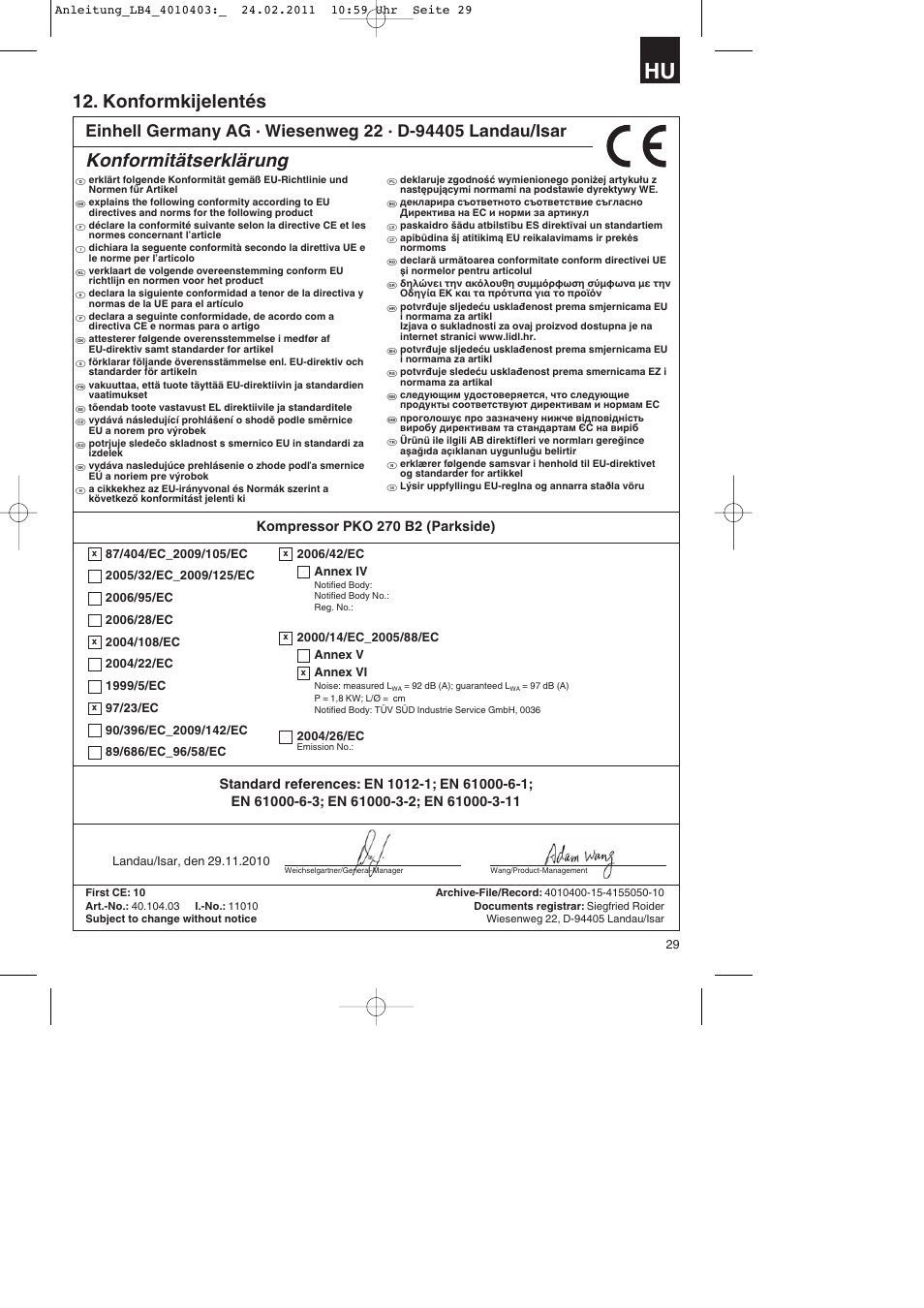 Konformkijelentés, Konformitätserklärung | Parkside PKO 270 B2 User Manual | Page 29 / 96