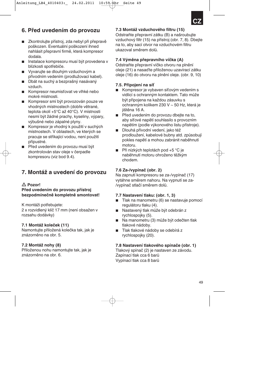 Před uvedením do provozu, Montáž a uvedení do provozu | Parkside PKO 270 B2 User Manual | Page 49 / 96