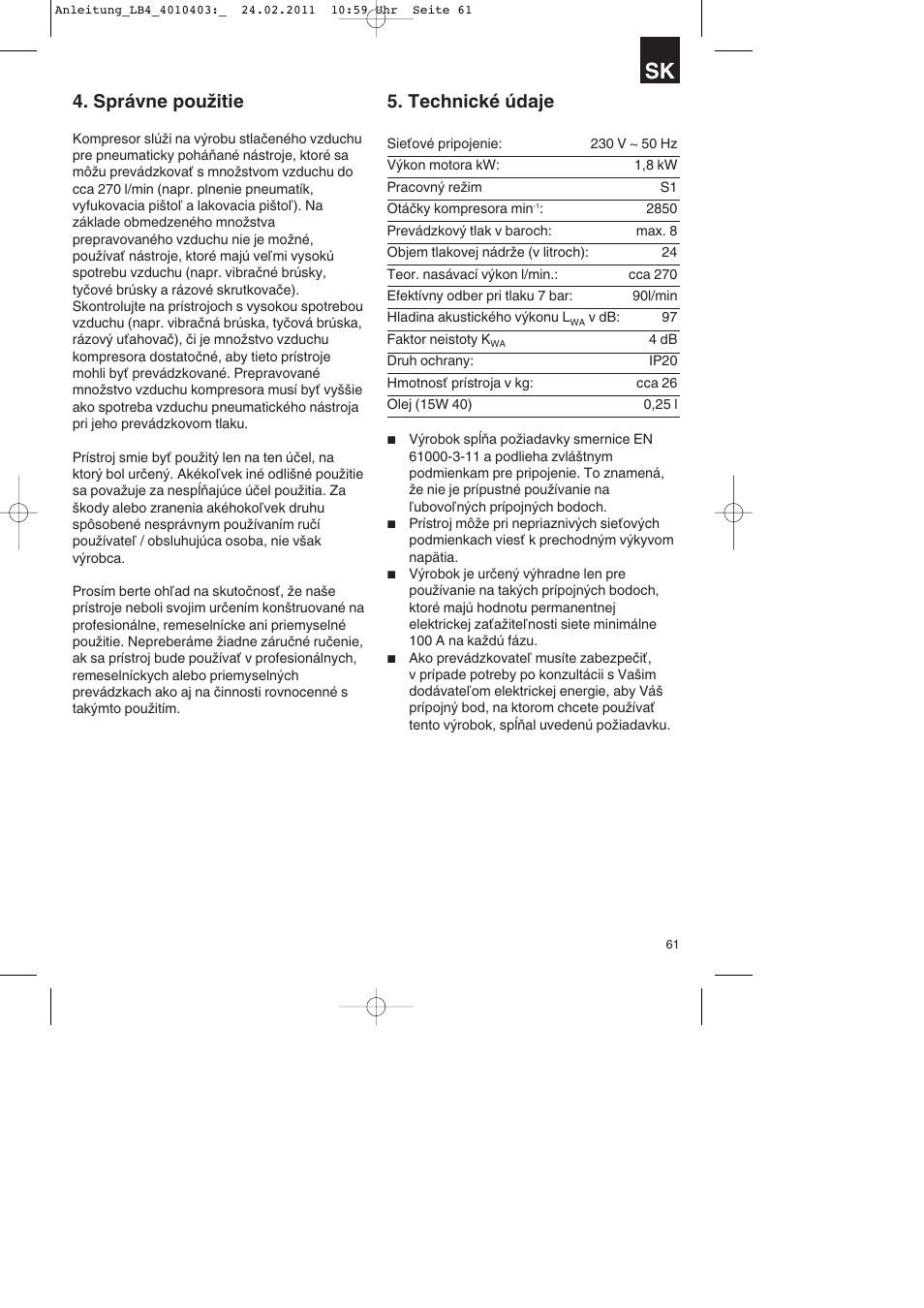Správne použitie, Technické údaje | Parkside PKO 270 B2 User Manual | Page 61 / 96
