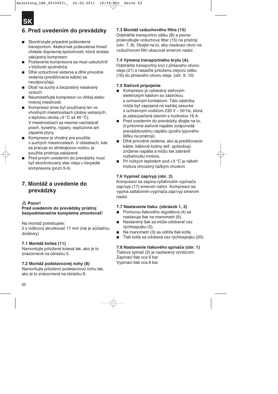 Pred uvedením do prevádzky, Montáž a uvedenie do prevádzky | Parkside PKO 270 B2 User Manual | Page 62 / 96