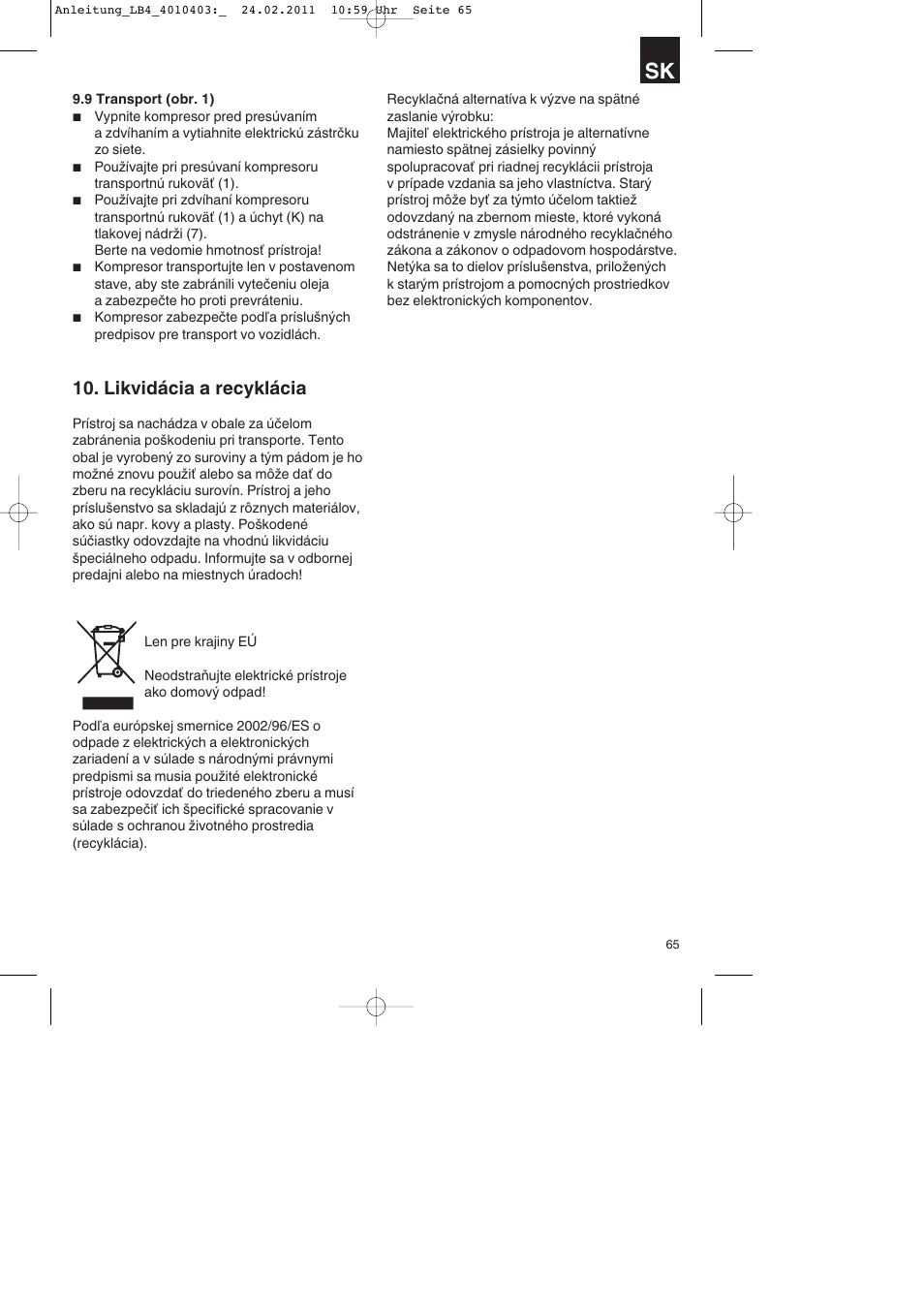 Likvidácia a recyklácia | Parkside PKO 270 B2 User Manual | Page 65 / 96