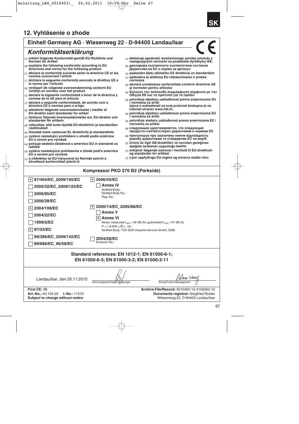 Vyhlásenie o zhode, Konformitätserklärung | Parkside PKO 270 B2 User Manual | Page 67 / 96