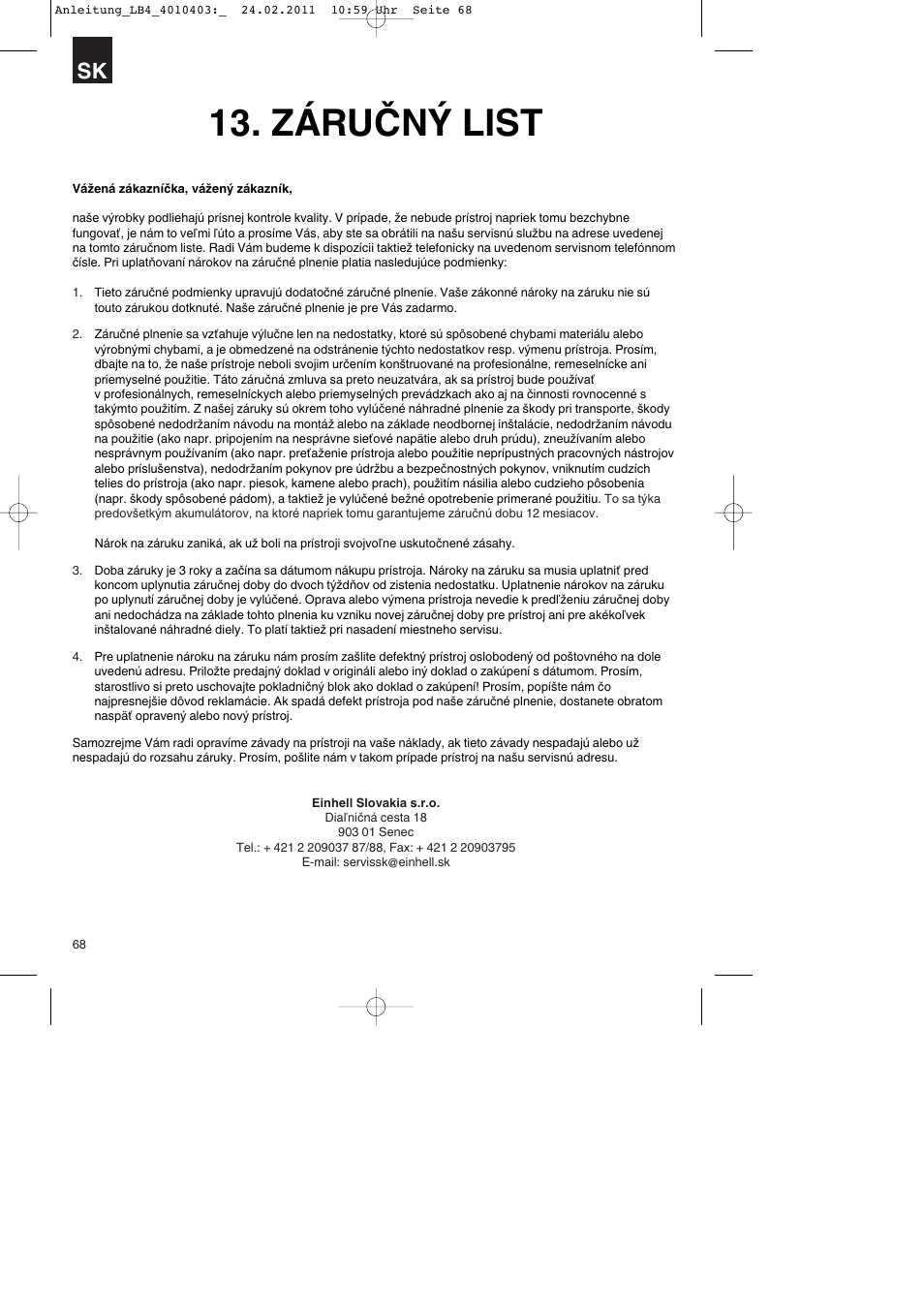 Záručný list | Parkside PKO 270 B2 User Manual | Page 68 / 96