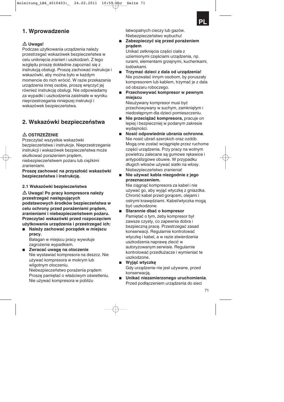 Wprowadzenie, Wskazówki bezpieczeństwa | Parkside PKO 270 B2 User Manual | Page 71 / 96