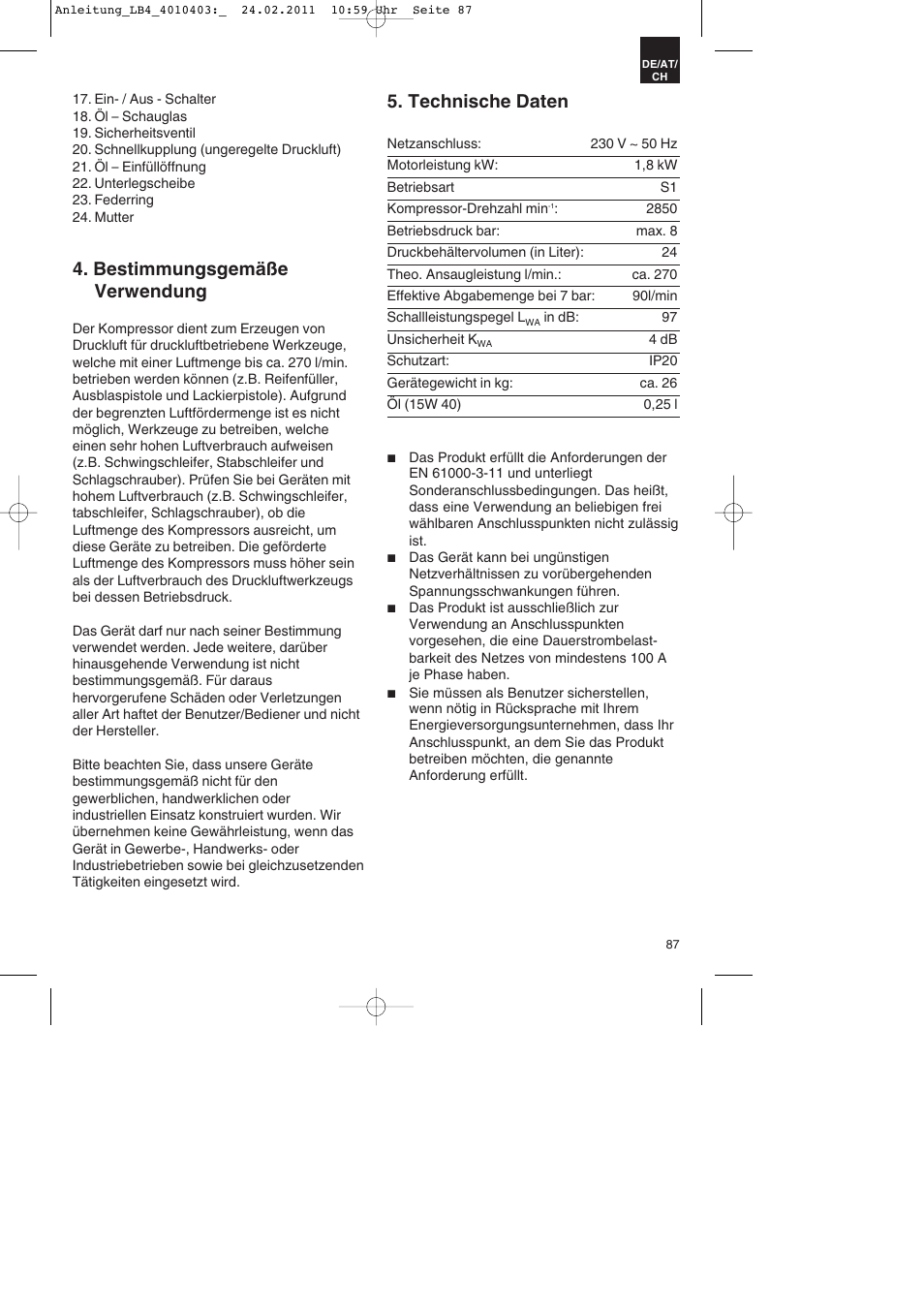 Bestimmungsgemäße verwendung, Technische daten | Parkside PKO 270 B2 User Manual | Page 87 / 96