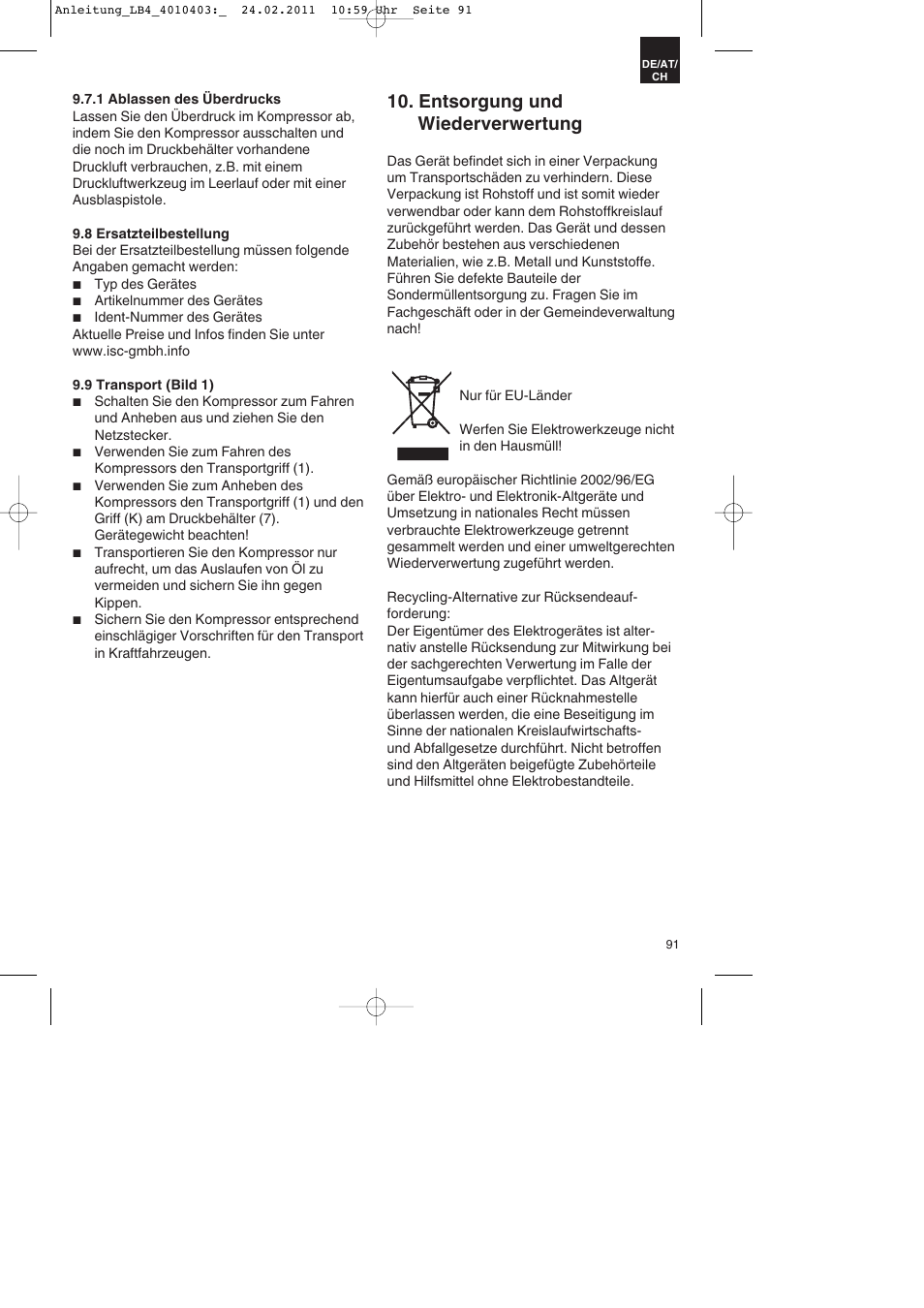 Entsorgung und wiederverwertung | Parkside PKO 270 B2 User Manual | Page 91 / 96