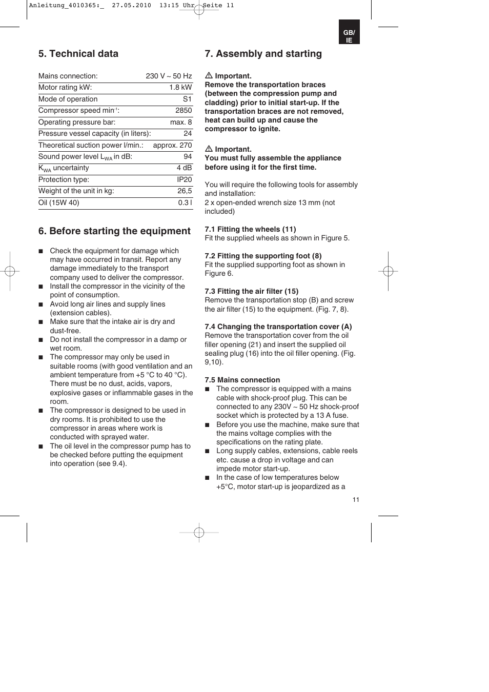 Technical data, Before starting the equipment, Assembly and starting | Parkside PKO 270 A1 User Manual | Page 11 / 20