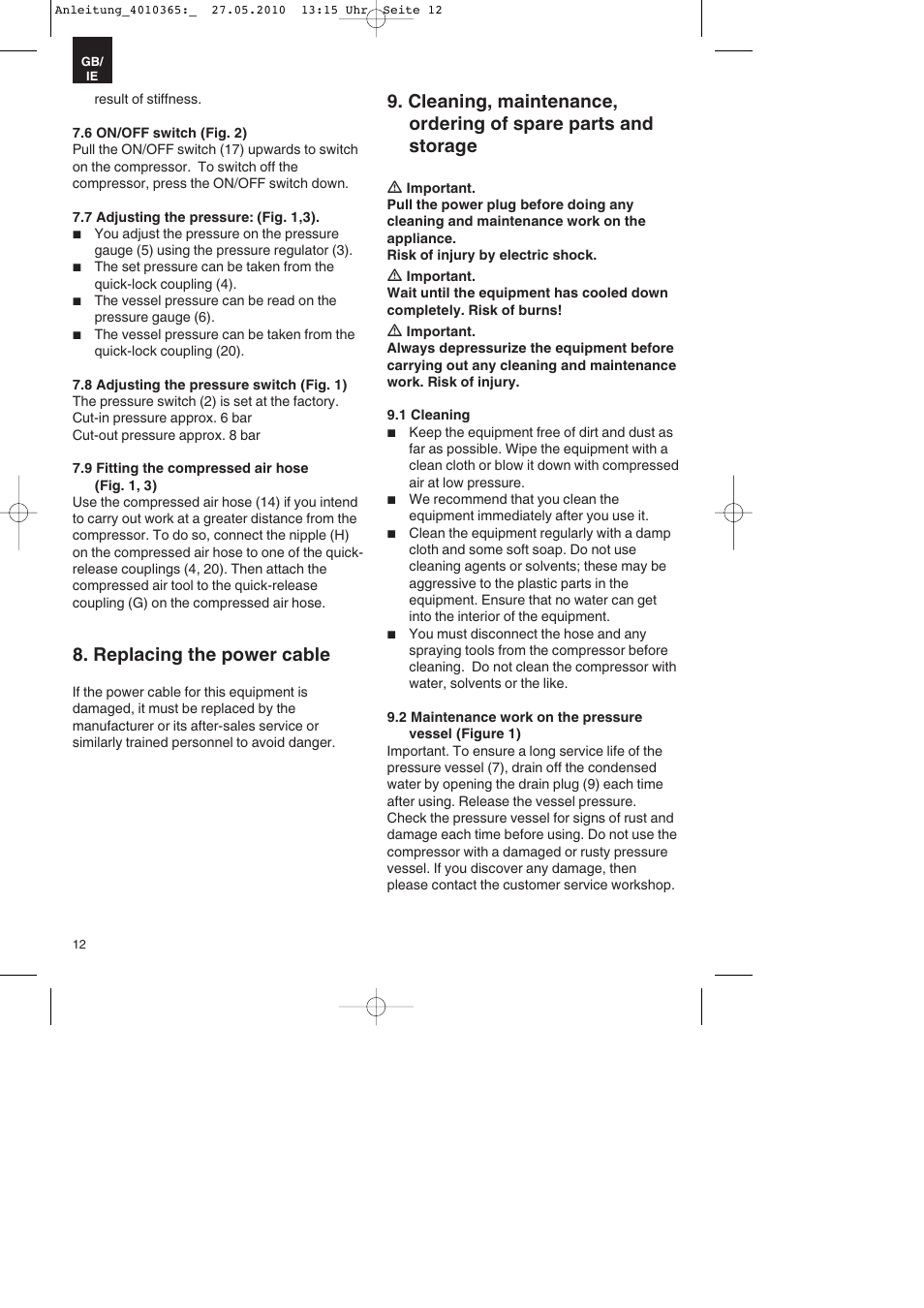 Replacing the power cable | Parkside PKO 270 A1 User Manual | Page 12 / 20