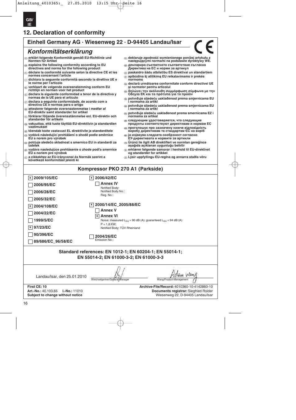 Konformitätserklärung, Declaration of conformity, Kompressor pko 270 a1 (parkside) | Parkside PKO 270 A1 User Manual | Page 16 / 20