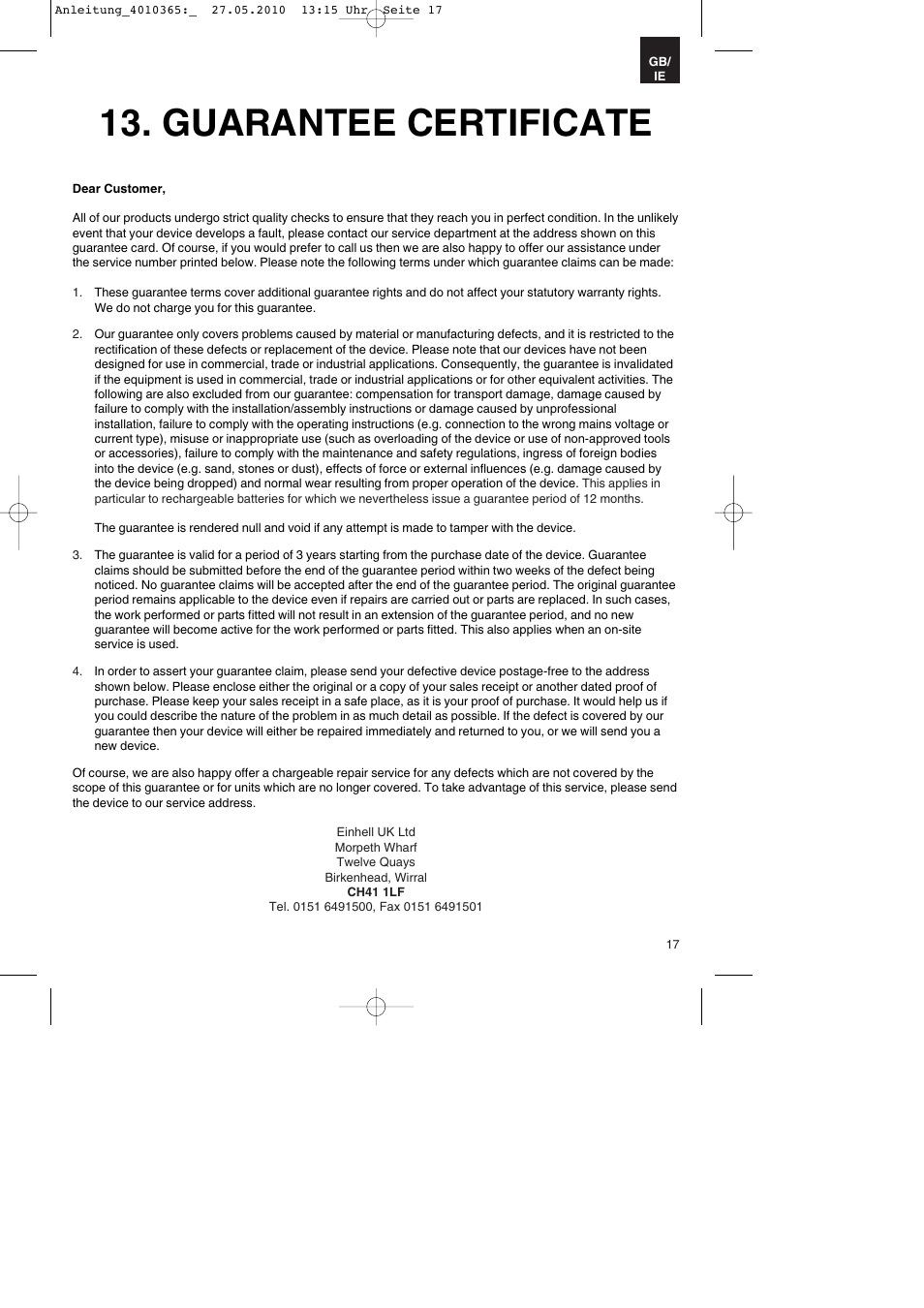 Guarantee certificate | Parkside PKO 270 A1 User Manual | Page 17 / 20