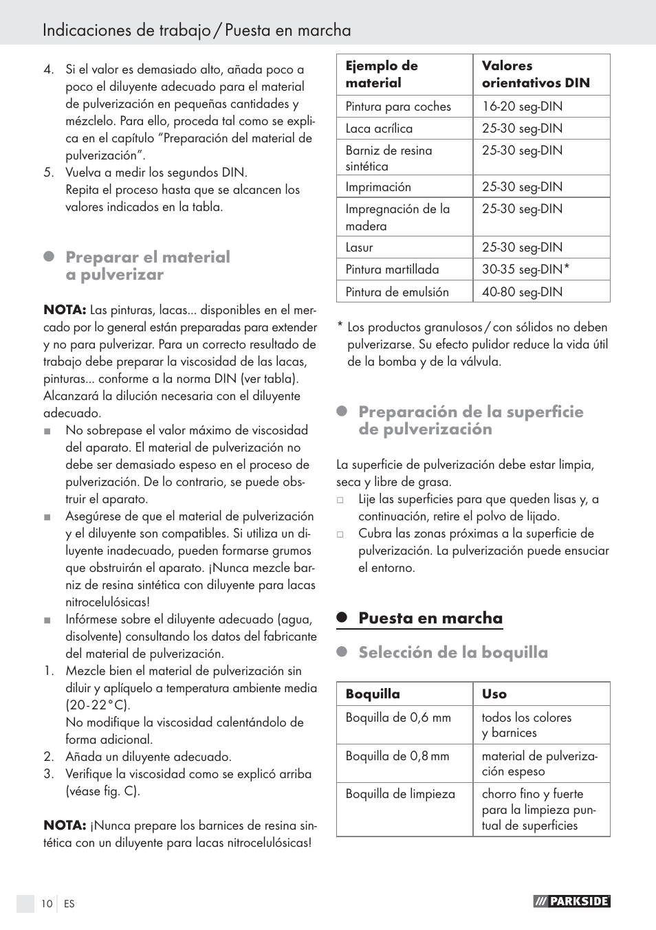 Indicaciones de trabajo / puesta en marcha, Preparar el material a pulverizar, Preparación de la superﬁcie de pulverización | Puesta en marcha, Selección de la boquilla | Parkside PFS 100 B2 User Manual | Page 10 / 54