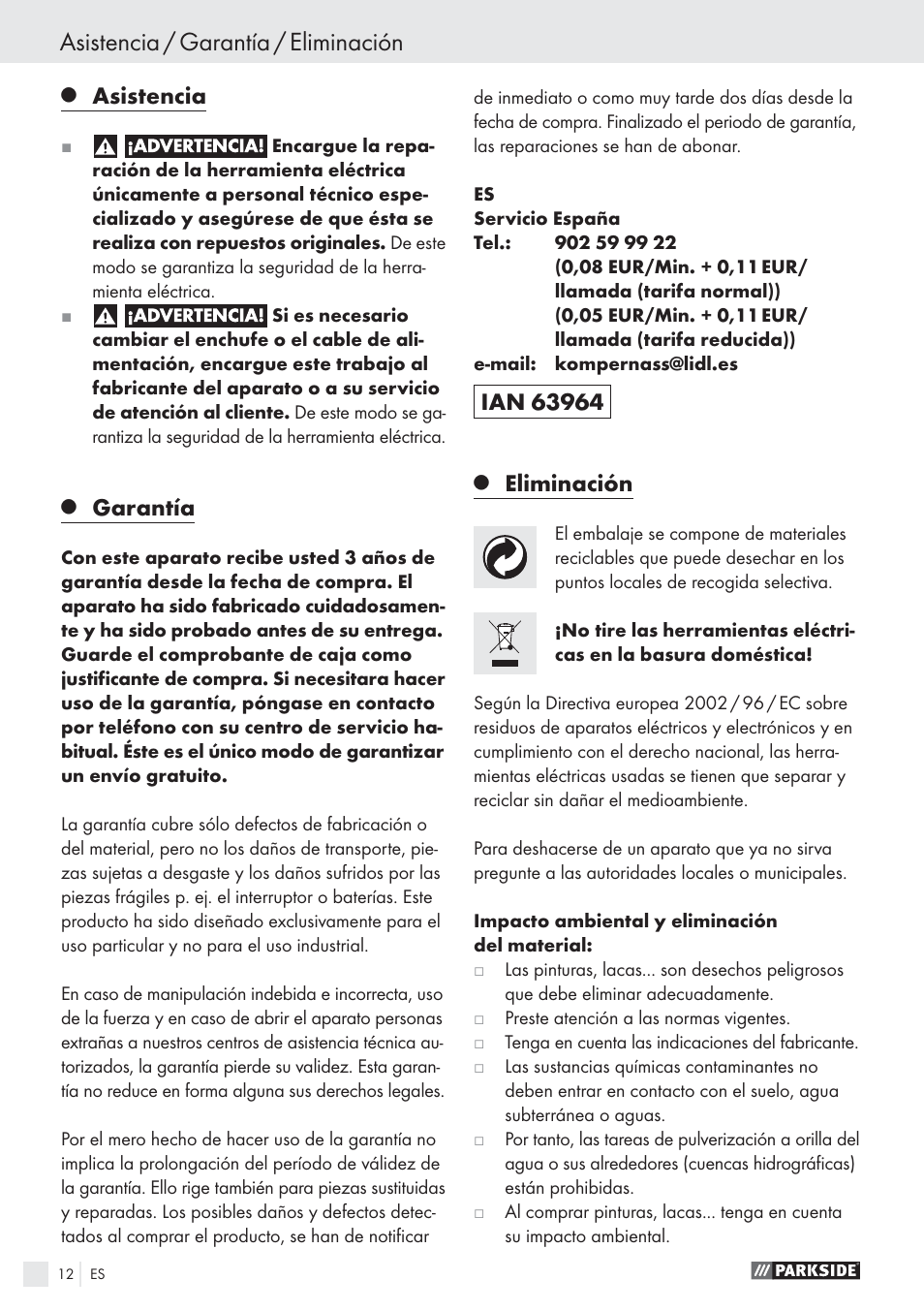 Asistencia / garantía / eliminación, Asistencia, Garantía | Eliminación | Parkside PFS 100 B2 User Manual | Page 12 / 54