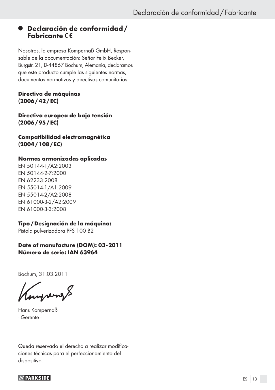 Declaración de conformidad / fabricante | Parkside PFS 100 B2 User Manual | Page 13 / 54