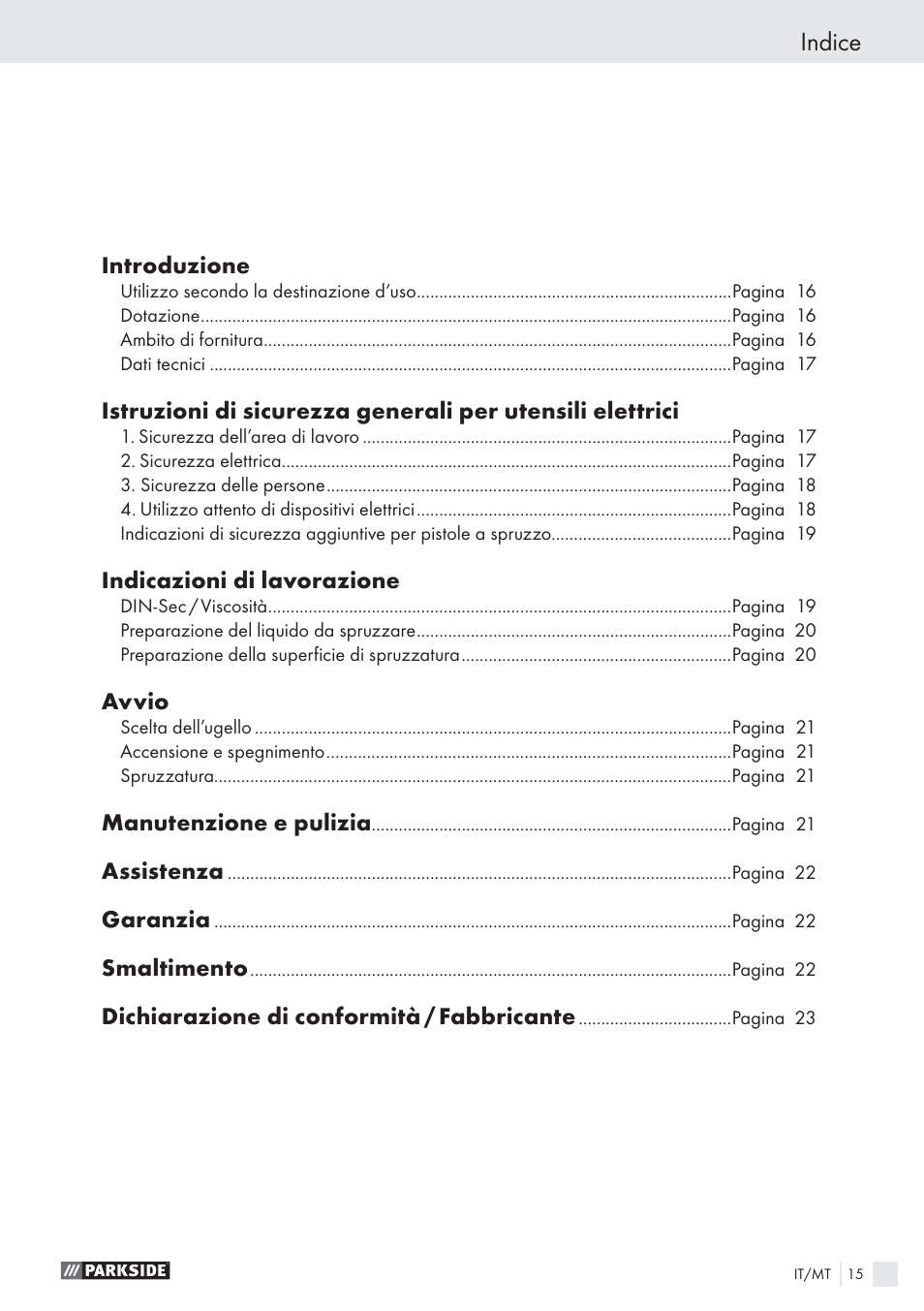 Indice | Parkside PFS 100 B2 User Manual | Page 15 / 54