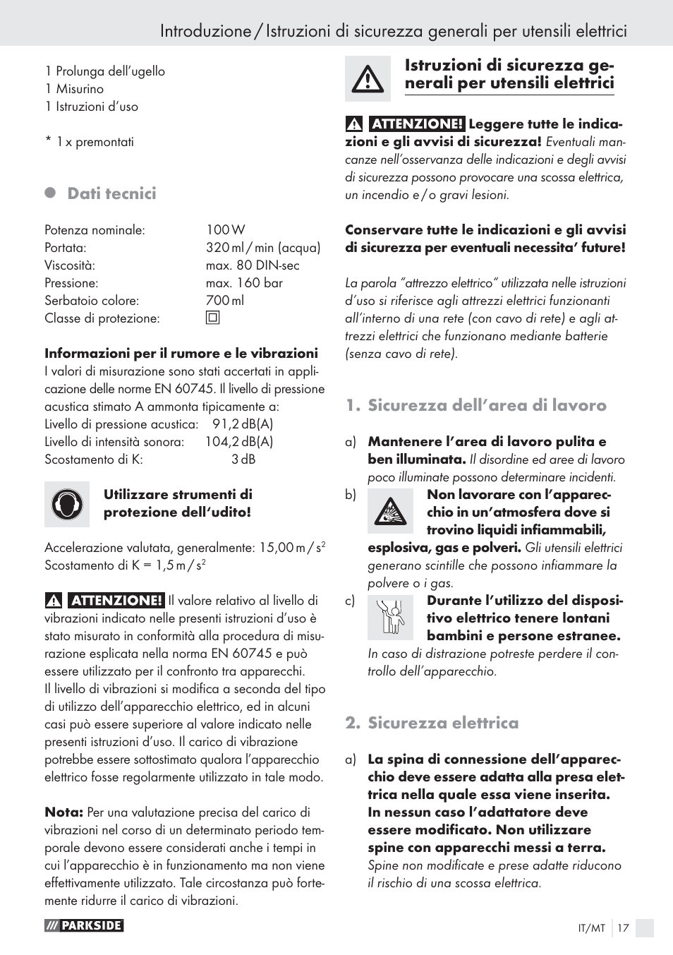 Dati tecnici, Sicurezza dell’area di lavoro, Sicurezza elettrica | Parkside PFS 100 B2 User Manual | Page 17 / 54