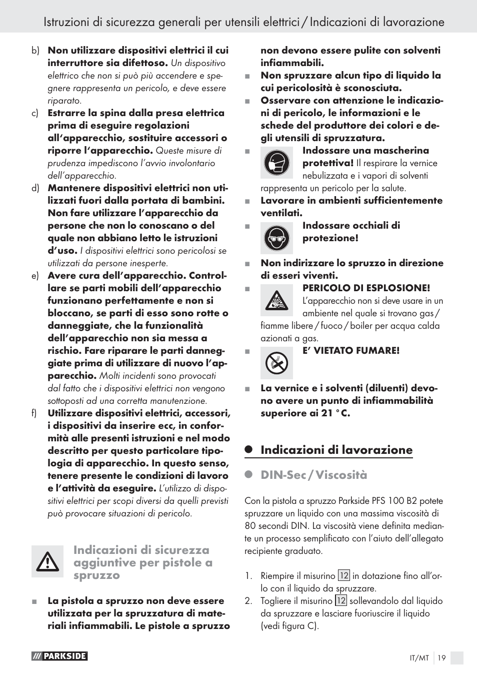 Indicazioni di lavorazione, Din-sec / viscosità | Parkside PFS 100 B2 User Manual | Page 19 / 54