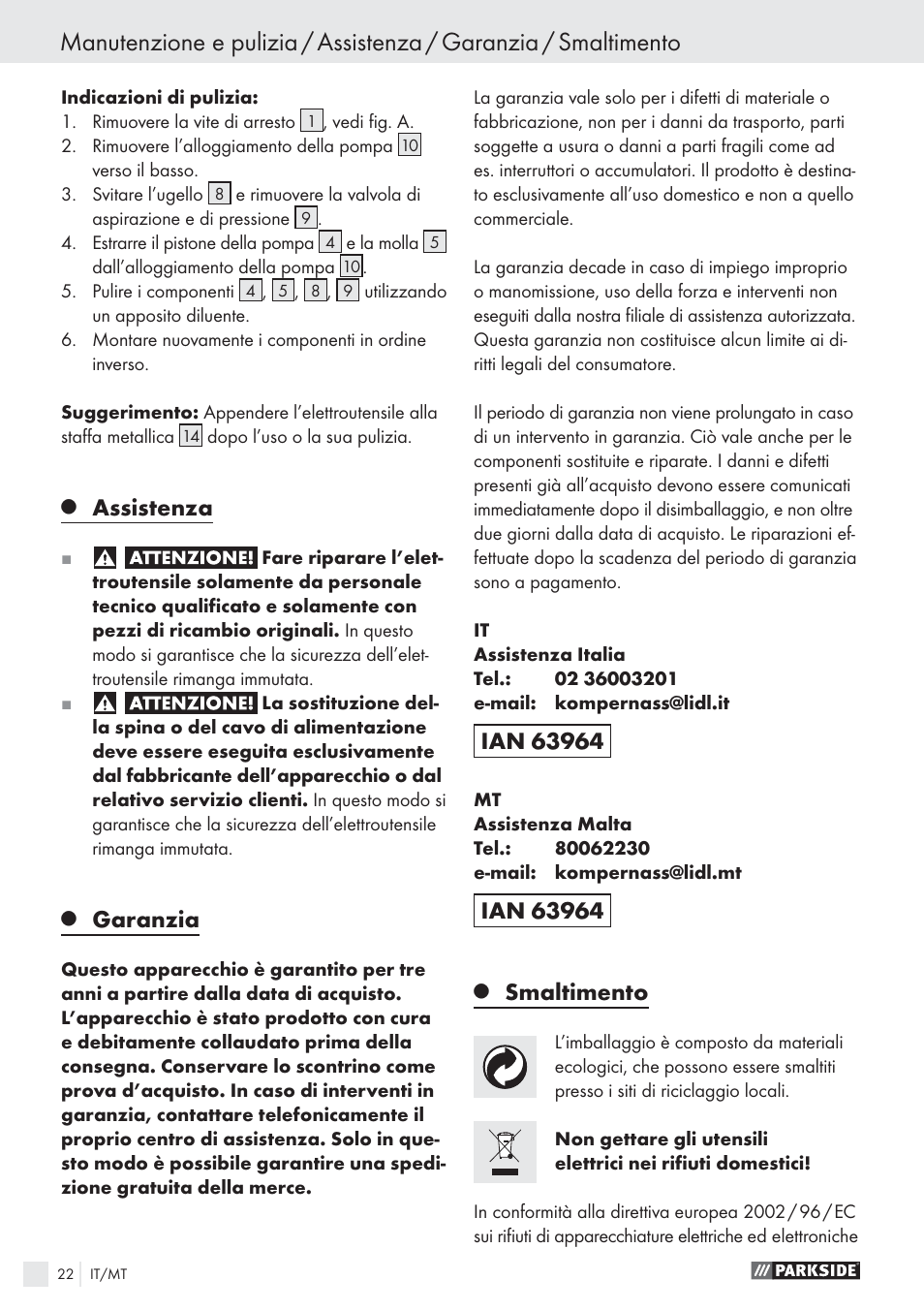 Assistenza, Garanzia, Smaltimento | Parkside PFS 100 B2 User Manual | Page 22 / 54