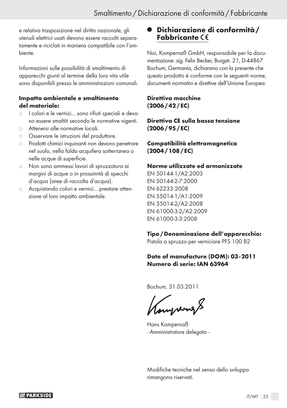Dichiarazione di conformità / fabbricante | Parkside PFS 100 B2 User Manual | Page 23 / 54