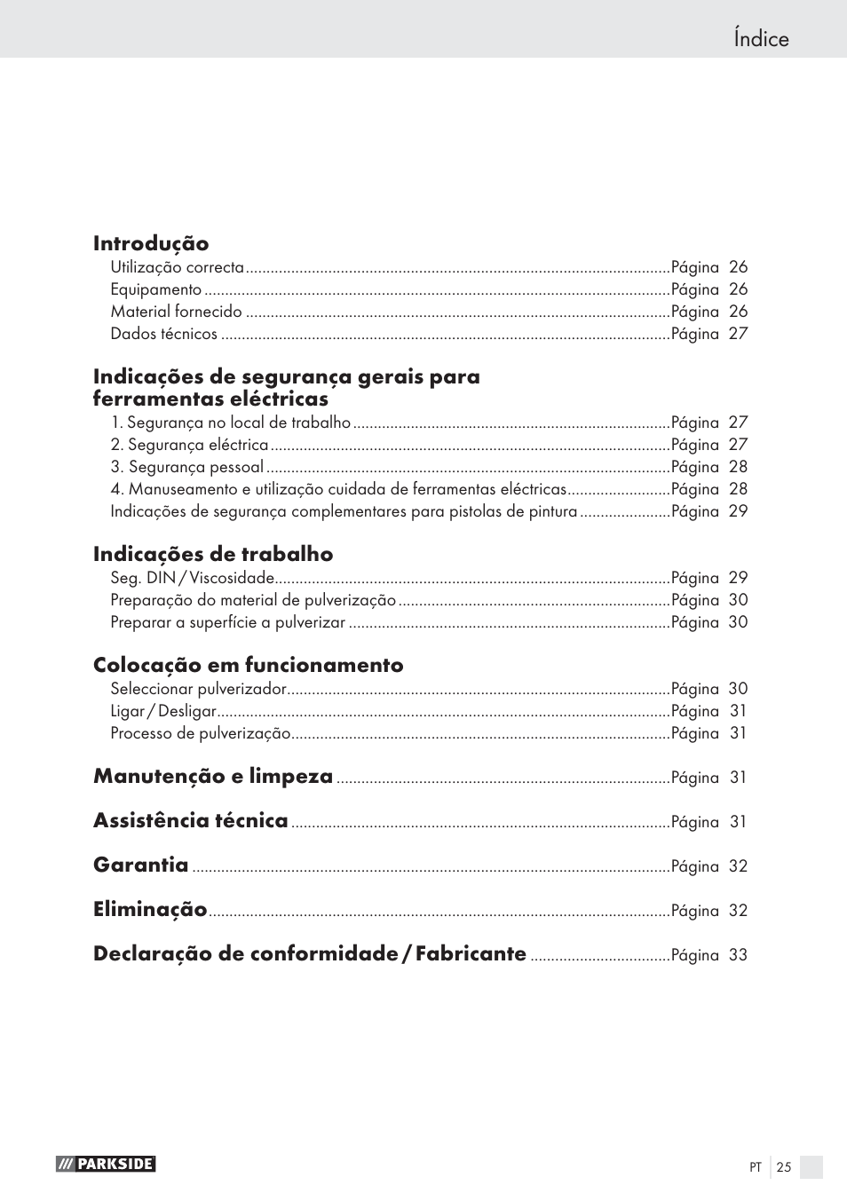 Índice | Parkside PFS 100 B2 User Manual | Page 25 / 54