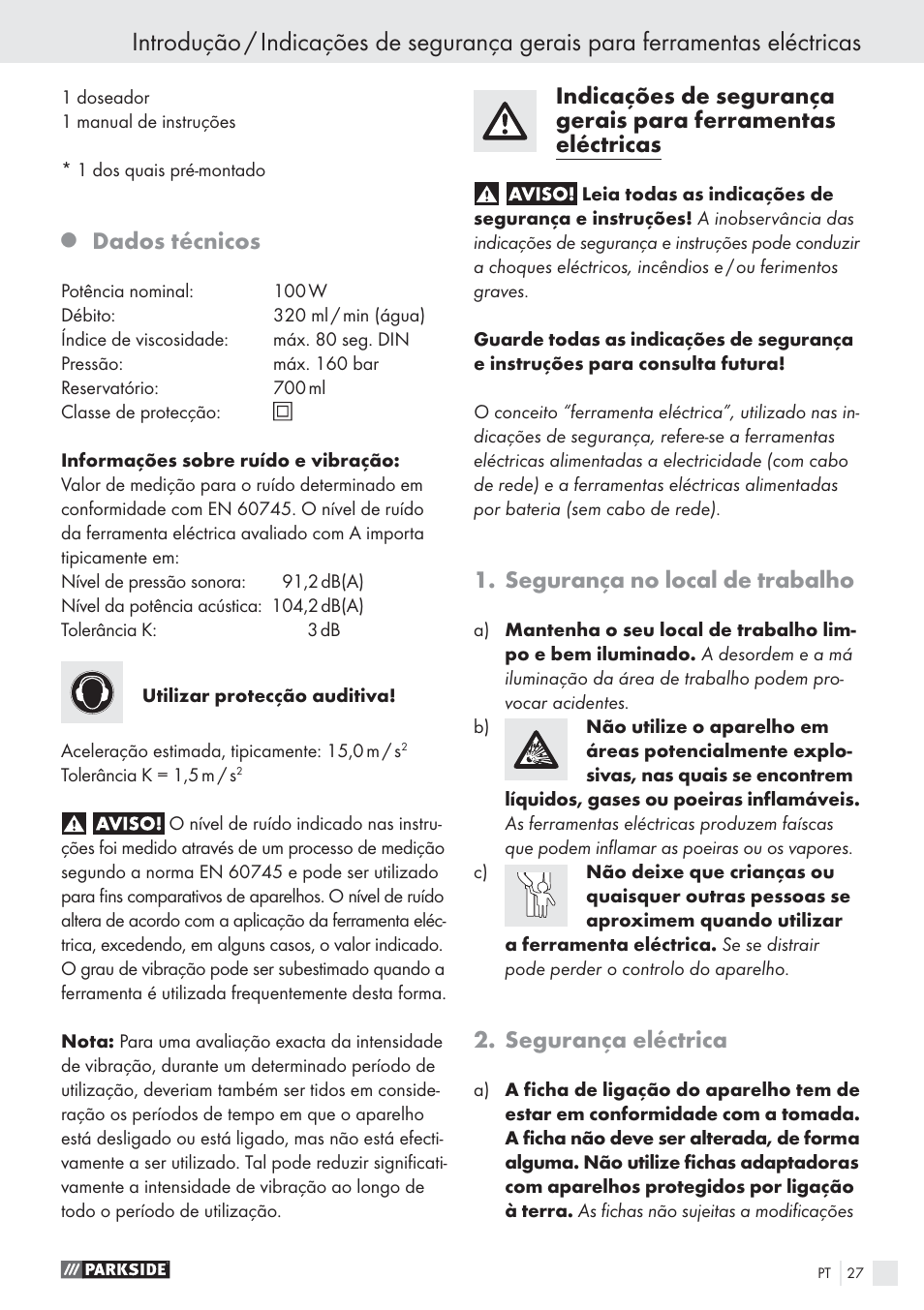 Dados técnicos, Segurança no local de trabalho, Segurança eléctrica | Parkside PFS 100 B2 User Manual | Page 27 / 54