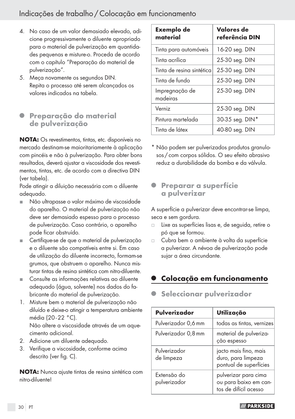 Preparação do material de pulverização, Preparar a superfície a pulverizar, Colocação em funcionamento | Seleccionar pulverizador | Parkside PFS 100 B2 User Manual | Page 30 / 54