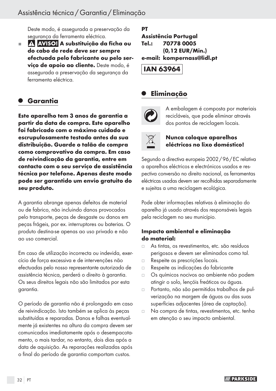 Assistência técnica / garantia / eliminação, Garantia, Eliminação | Parkside PFS 100 B2 User Manual | Page 32 / 54