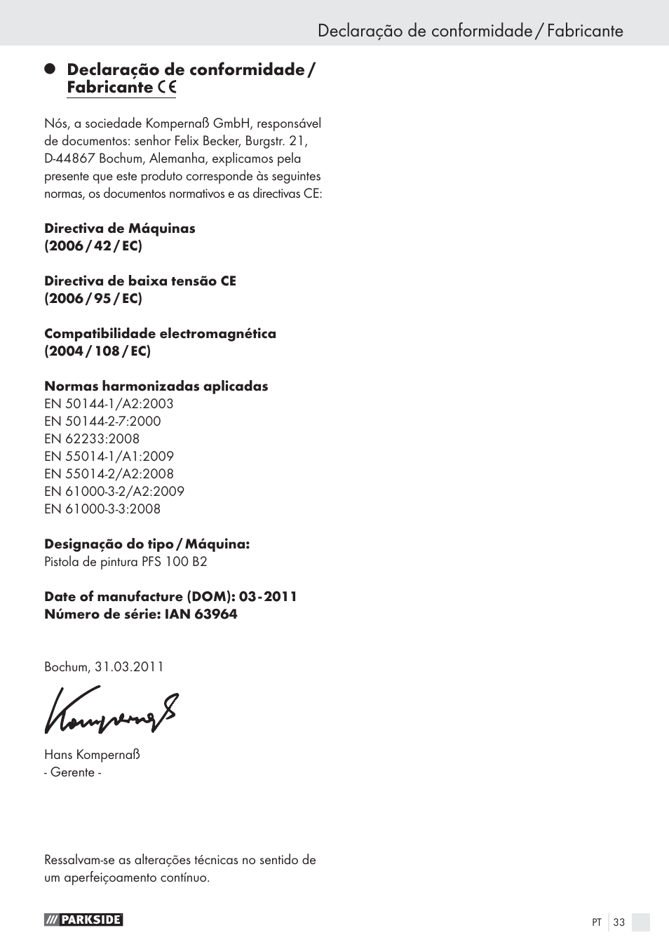 Declaração de conformidade / fabricante | Parkside PFS 100 B2 User Manual | Page 33 / 54