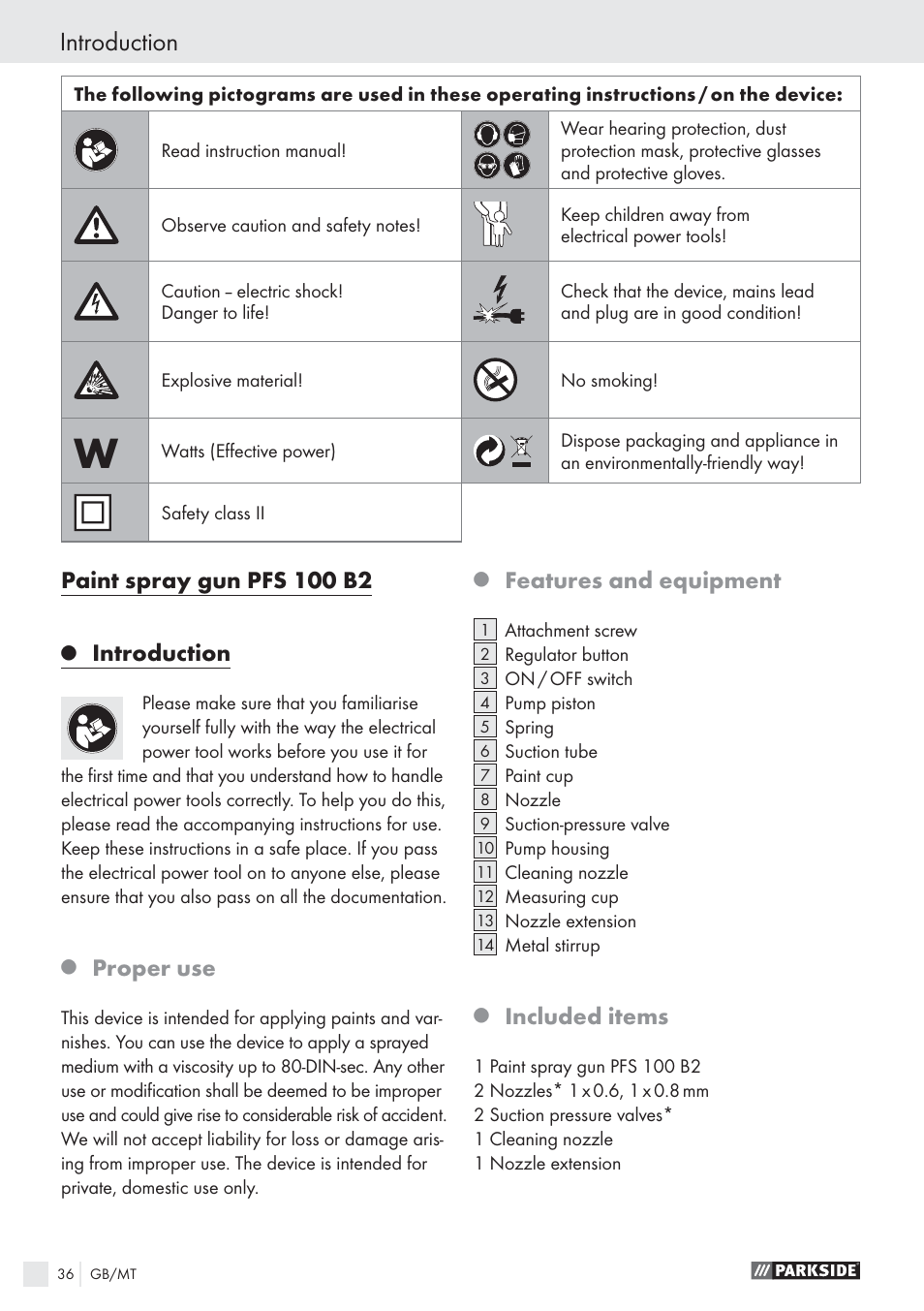 Introduction, Paint spray gun pfs 100 b2, Proper use | Features and equipment, Included items | Parkside PFS 100 B2 User Manual | Page 36 / 54