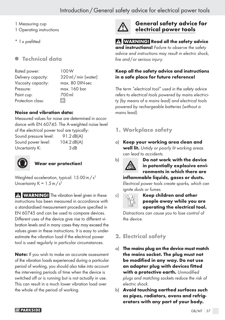 Technical data, General safety advice for electrical power tools, Workplace safety | Electrical safety | Parkside PFS 100 B2 User Manual | Page 37 / 54