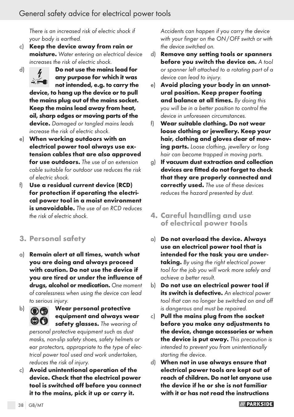 General safety advice for electrical power tools, Personal safety, Careful handling and use of electrical power tools | Parkside PFS 100 B2 User Manual | Page 38 / 54