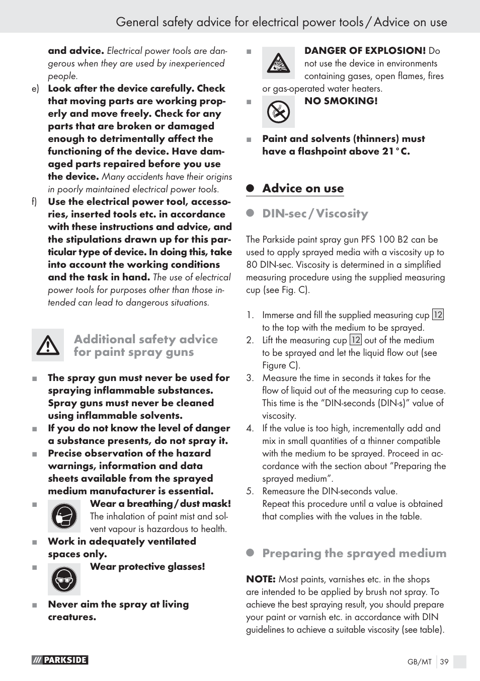 Additional safety advice for paint spray guns, Advice on use, Din-sec / viscosity | Preparing the sprayed medium | Parkside PFS 100 B2 User Manual | Page 39 / 54