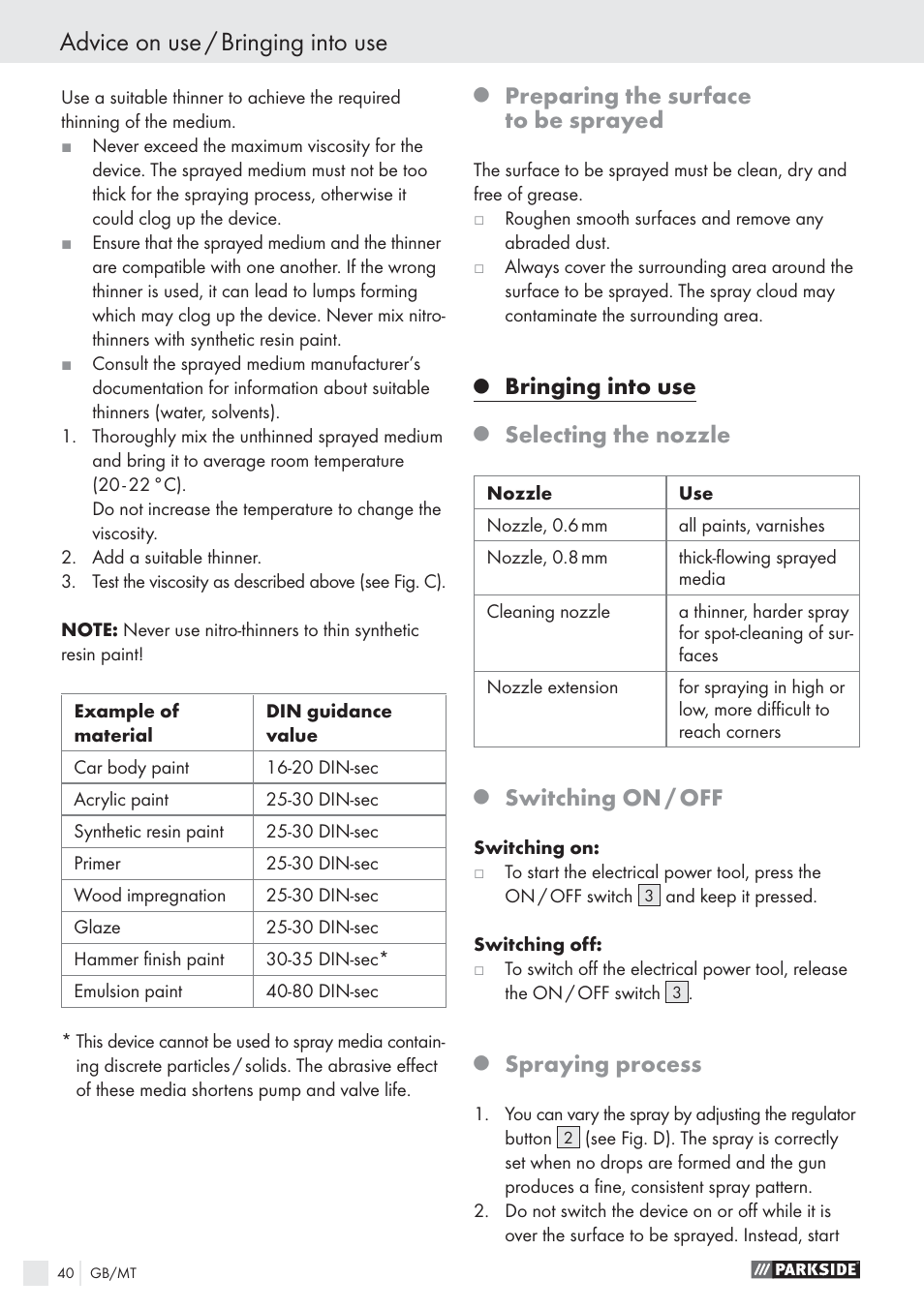 Advice on use / bringing into use, Preparing the surface to be sprayed, Bringing into use | Selecting the nozzle, Switching on / off, Spraying process | Parkside PFS 100 B2 User Manual | Page 40 / 54