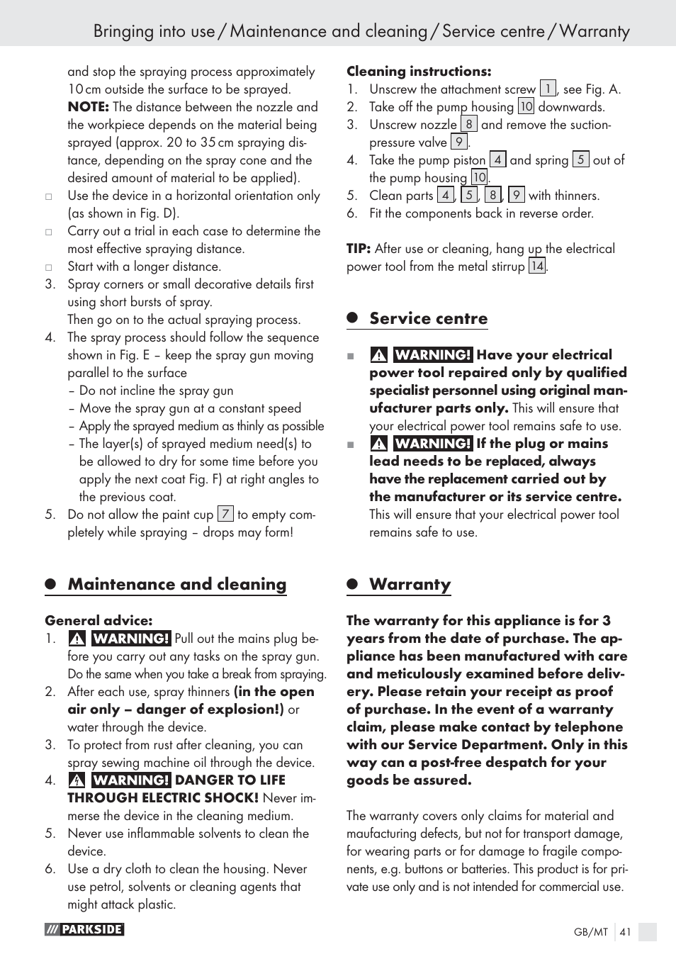 Maintenance and cleaning, Service centre, Warranty | Parkside PFS 100 B2 User Manual | Page 41 / 54