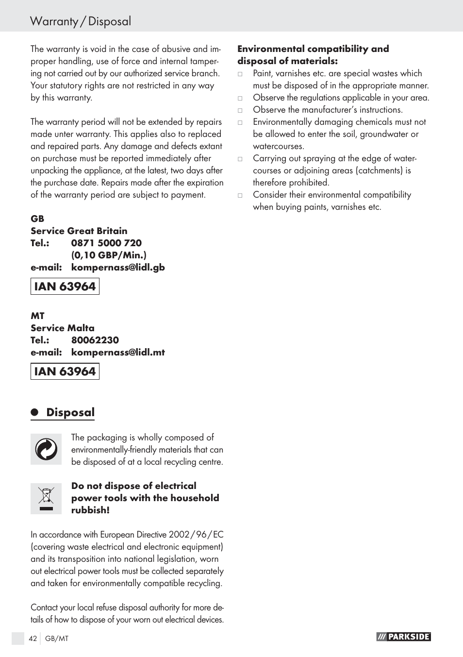 Warranty / disposal, Disposal | Parkside PFS 100 B2 User Manual | Page 42 / 54
