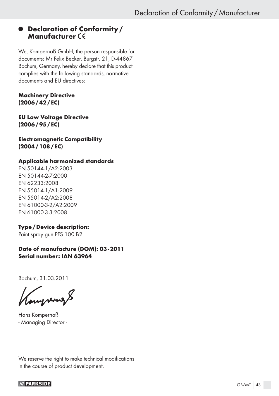 Declaration of conformity / manufacturer | Parkside PFS 100 B2 User Manual | Page 43 / 54
