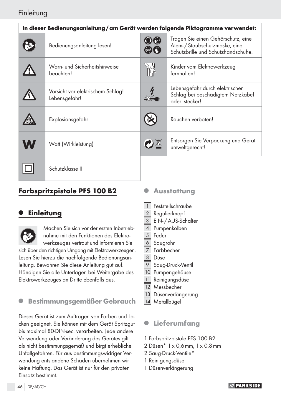 Einleitung, Farbspritzpistole pfs 100 b2, Bestimmungsgemäßer gebrauch | Ausstattung, Lieferumfang | Parkside PFS 100 B2 User Manual | Page 46 / 54
