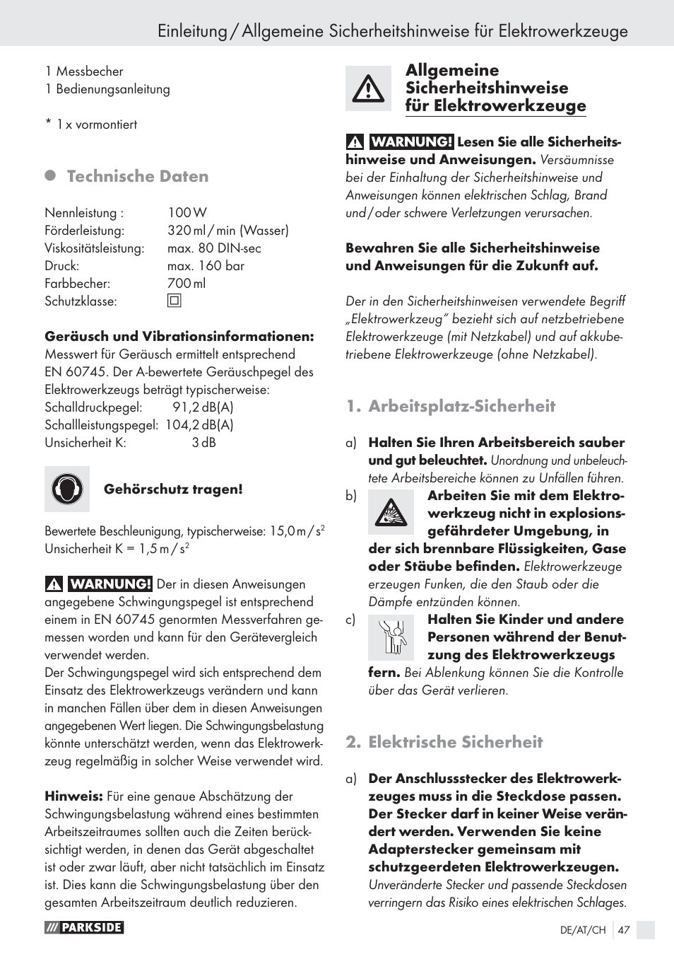 Technische daten, Arbeitsplatz-sicherheit, Elektrische sicherheit | Parkside PFS 100 B2 User Manual | Page 47 / 54