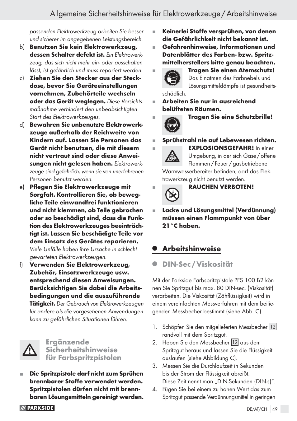 Arbeitshinweise, Din-sec / viskosität | Parkside PFS 100 B2 User Manual | Page 49 / 54
