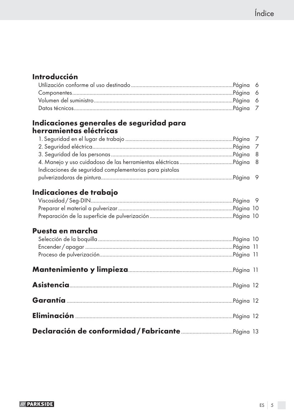 Índice | Parkside PFS 100 B2 User Manual | Page 5 / 54