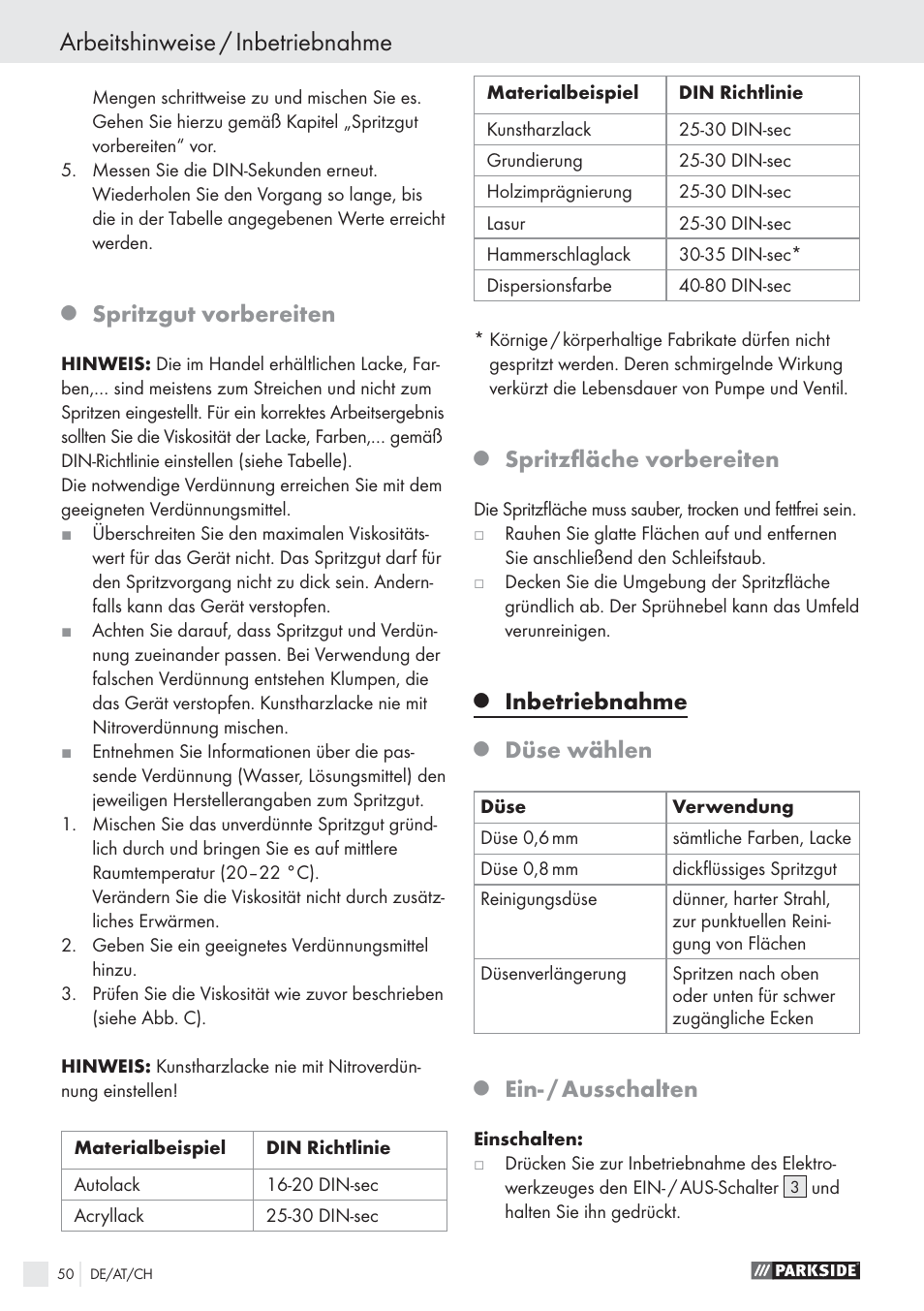 Arbeitshinweise / inbetriebnahme, Spritzgut vorbereiten, Spritzﬂäche vorbereiten | Inbetriebnahme, Düse wählen, Ein- / ausschalten | Parkside PFS 100 B2 User Manual | Page 50 / 54