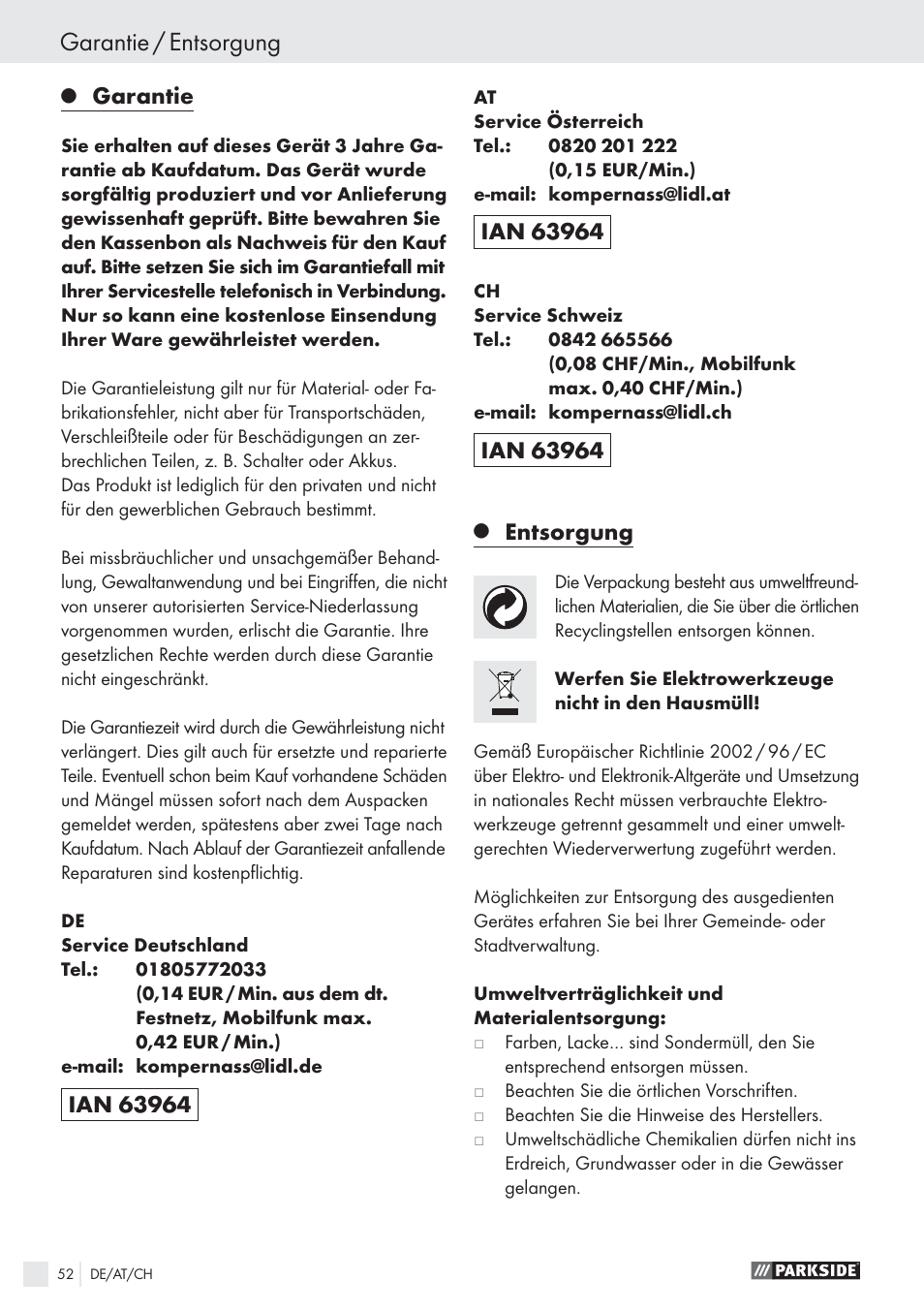 Garantie / entsorgung, Garantie, Entsorgung | Parkside PFS 100 B2 User Manual | Page 52 / 54