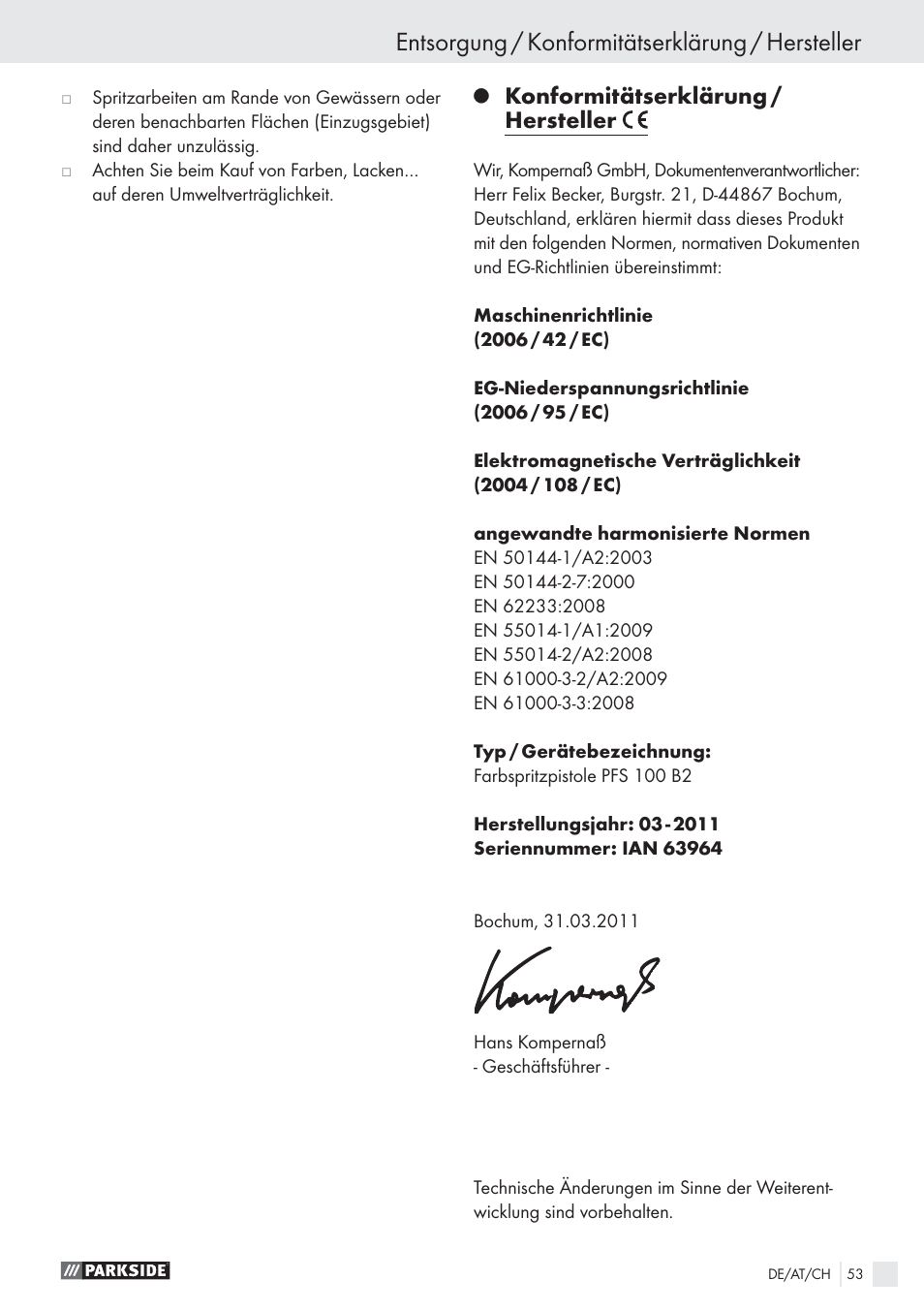 Entsorgung / konformitätserklärung / hersteller, Konformitätserklärung / hersteller | Parkside PFS 100 B2 User Manual | Page 53 / 54