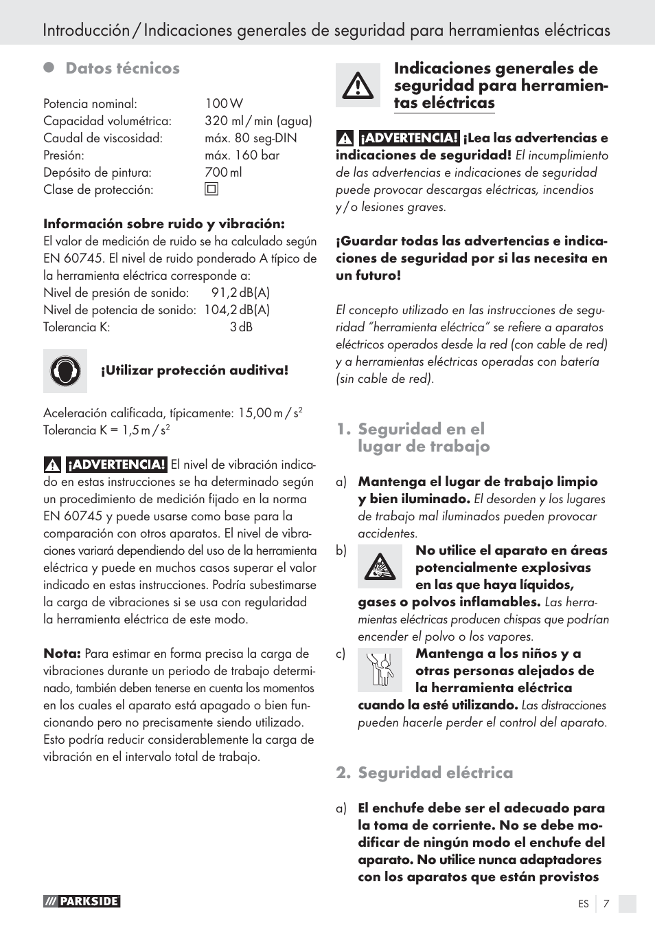 Datos técnicos, Seguridad en el lugar de trabajo, Seguridad eléctrica | Parkside PFS 100 B2 User Manual | Page 7 / 54