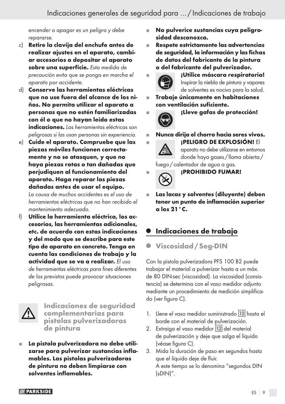 Indicaciones de trabajo, Viscosidad / seg-din | Parkside PFS 100 B2 User Manual | Page 9 / 54